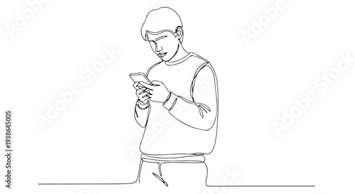 Minimalist Continuous Line Drawing of a Focused Young Person Immersed in Their Smartphone, Symbolizing Digital Engagement and Modern Connectivity