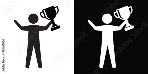 Successful person figure silhouette holding a trophy with a star. Concept of winning, achievement, and sports victory. Flat vector icon for motivation and leadership themes.