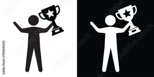 Successful person figure silhouette holding a trophy with a star. Concept of winning, achievement, and sports victory. Flat vector icon for motivation and leadership themes.