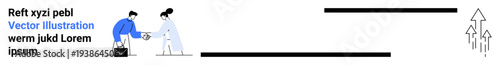 Teamwork, professional services, data analysis, partnerships, business growth strategies, workflow. Two professionals exchanging items, with arrows growth. Business growth and professional services