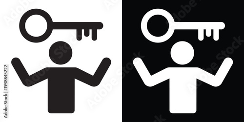 Concept icon of a person with hands raised toward a large key. Represents unlocking potential, key to success, or solving a major problem. Minimalist black and white vector.