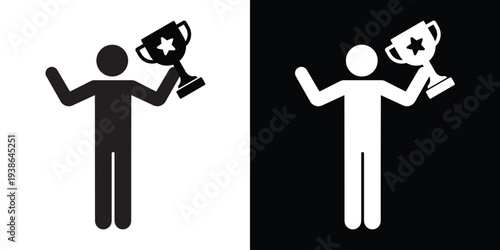 Successful person figure silhouette holding a trophy with a star. Concept of winning, achievement, and sports victory. Flat vector icon for motivation and leadership themes.