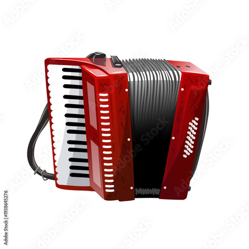 Red accordion rests on a surface waiting to be played during a music gathering in a local hall