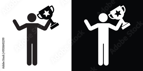 Successful person figure silhouette holding a trophy with a star. Concept of winning, achievement, and sports victory. Flat vector icon for motivation and leadership themes.