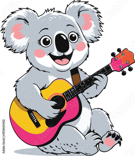 Koala musician playing guitar happily, cartoon vector mascot, bold thick black outline, minimal line sticker, white background 3