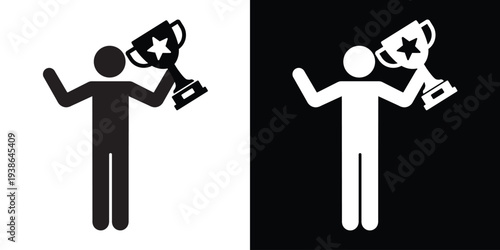 Successful person figure silhouette holding a trophy with a star. Concept of winning, achievement, and sports victory. Flat vector icon for motivation and leadership themes.