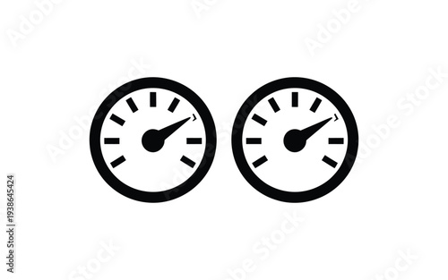 Speedometer tachometer icon, speed indicator sign representing internet and car speed measurement, dashboard gauge symbol with needle pointer, minimalist vector design suitable for automotive apps