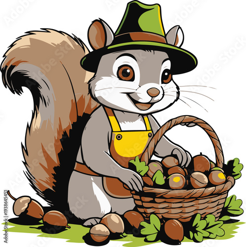 Squirrel farmer collecting nuts into basket, cartoon vector mascot, bold thick black outline, sticker style, white background 1
