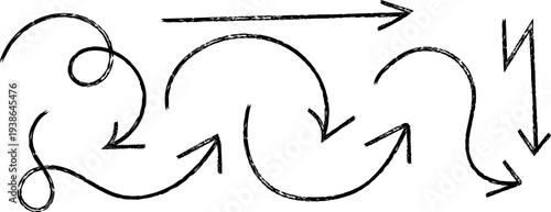 A complex hand drawn diagram featuring interconnected arrows and curved lines on a white background with a black ink style