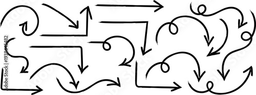 A complex network of arrows and lines forming a maze like pattern with multiple directional flows and interconnected paths