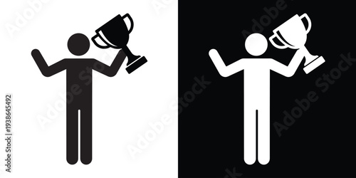 Successful person figure silhouette holding a trophy with a star. Concept of winning, achievement, and sports victory. Flat vector icon for motivation and leadership themes.