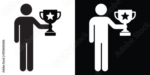 Successful person figure silhouette holding a trophy with a star. Concept of winning, achievement, and sports victory. Flat vector icon for motivation and leadership themes.