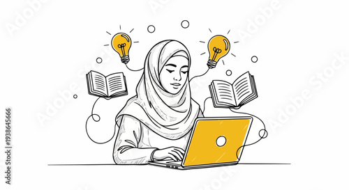 Muslim woman in hijab using a laptop for online learning, surrounded by books and glowing lightbulbs, symbolizing education, knowledge, and creative ideas.