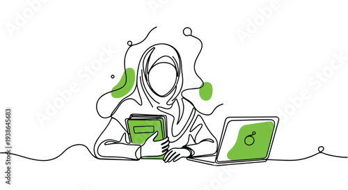 Continuous line drawing of a focused Muslim woman in hijab studying with books and laptop, representing education, remote work, and modern learning.