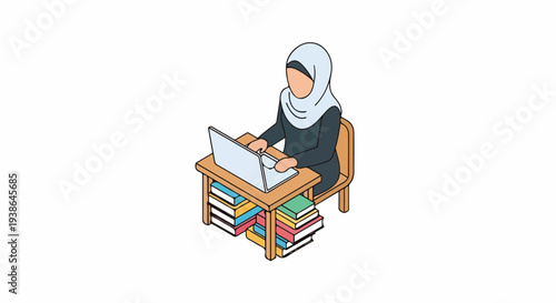 Isometric illustration of a Muslim woman in a hijab working on a laptop at a desk with books, representing online education and remote work.