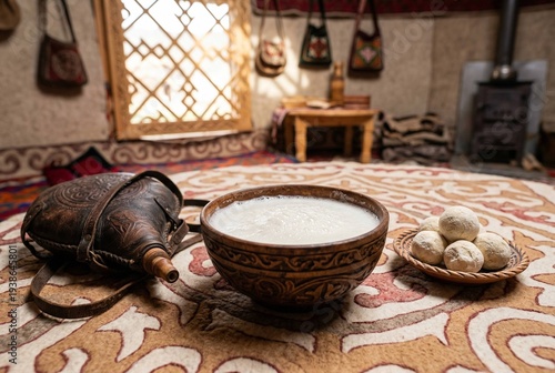 An ultra-detailed editorial image showcasing traditional fermented mare’s milk in a carved wooden bowl with frothy surface, accompanied by dried cheese balls and a leather wineskin on a patterned