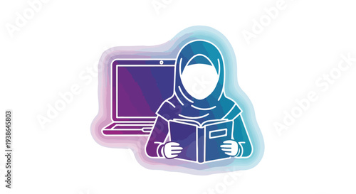 Muslim woman in hijab reading a book in front of a laptop, representing education, learning, and technology