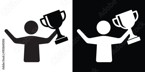Silhouette of a person triumphantly holding a trophy cup with both hands. Concept of winning, championship victory, and ultimate success. Isolated black and white flat vector graphic.