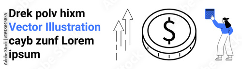 Finance, business growth, digital payment, investment, success, currency. Illustrated coin and upward arrows with businessperson holding a document. Financial growth and business growth concept