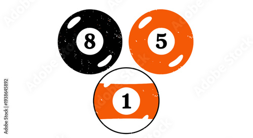 Billiard balls with numbers 8, 5, and 1 arranged in a triangular formation on a white background, vintage game illustration