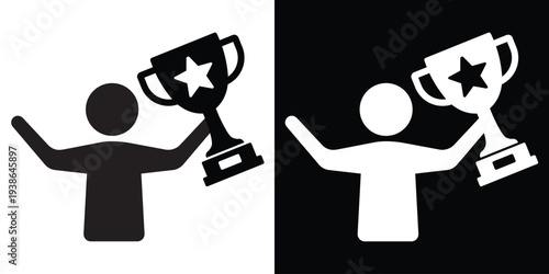 Silhouette of a person triumphantly holding a trophy cup with both hands. Concept of winning, championship victory, and ultimate success. Isolated black and white flat vector graphic.