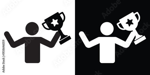 Silhouette of a person triumphantly holding a trophy cup with both hands. Concept of winning, championship victory, and ultimate success. Isolated black and white flat vector graphic.