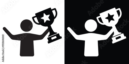 Silhouette of a person triumphantly holding a trophy cup with both hands. Concept of winning, championship victory, and ultimate success. Isolated black and white flat vector graphic.