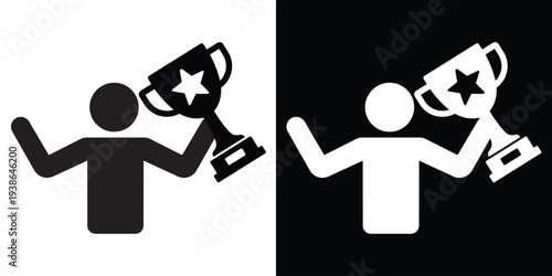 Silhouette of a person triumphantly holding a trophy cup with both hands. Concept of winning, championship victory, and ultimate success. Isolated black and white flat vector graphic.