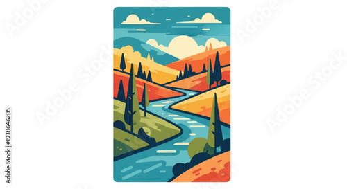 Stylized landscape illustration featuring river and hills
