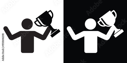 Silhouette of a person triumphantly holding a trophy cup with both hands. Concept of winning, championship victory, and ultimate success. Isolated black and white flat vector graphic.