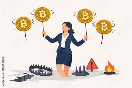 Businesswoman Balancing Spinning Bitcoin Coins on Sticks While Navigating Dangerous Hazards Like Traps, Spikes, and Fire, Illustrating Cryptocurrency Market Volatility and Investment Risks.