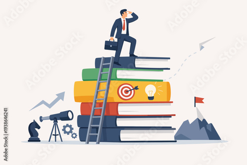 Businessman standing on a stack of books looking for career opportunities. Education and knowledge for future job challenges, personal growth, success, strategy, and professional development.