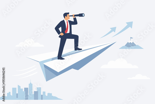 Visionary Businessman Standing on Flying Paper Plane Looking Through Telescope for Future Opportunities and Strategy Discovery. Concept of Business Growth, Leadership, Ambition, and Success.