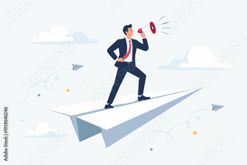 Businessman standing on a large paper plane shouting into a megaphone for marketing announcement, communication message, leadership vision, business growth, and promotion concept vector illustration