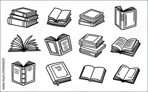 Sketches of open and closed books, stack of textbooks dictionary and novels with blank covers, vector doodle icons of literature for library store university or school, hand drawn education symbols