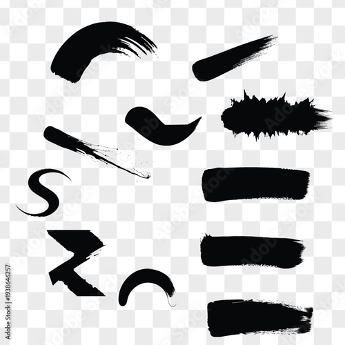 Collection of black brush strokes and marks on transparent background