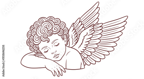 A peaceful cherub angel with feathered wings is depicted in a detailed line drawing, symbolizing innocence and tranquility