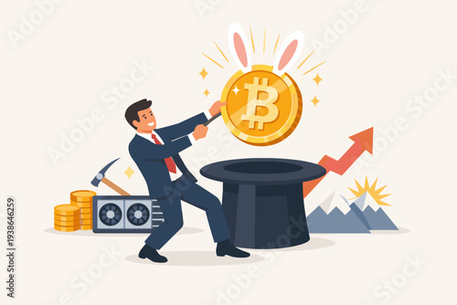 Businessman Successfully Pulling a Shiny Bitcoin with Bunny Ears Out of a Magician Top Hat, Representing Cryptocurrency Mining Success, Financial Growth, Digital Wealth, and Market Prosperity.