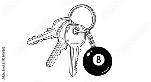 Collection of keys on a keychain with a classic black 8-ball ornament, symbol of luck and games