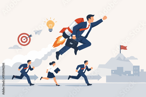 Businessman with Rocket Pack Flying Over Competitors to Reach Goal, Concept of Innovation, Competitive Advantage, Business Strategy, Success, Leadership, and Creative Growth Vector Illustration