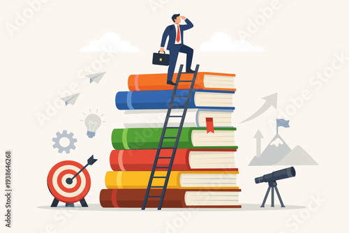 Professional businessman standing on a pile of books looking for career opportunities and future success. Education and knowledge as a ladder to professional growth, vision, and achievement.