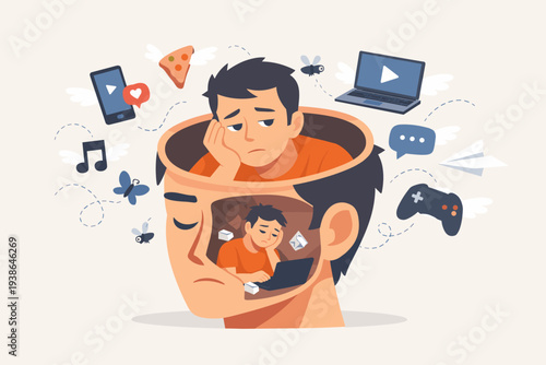 Man Struggling with Distractions and Lack of Focus at Work Illustration, Social Media Addiction and Digital Procrastination Concept, Overwhelmed Mind with Technology and Unproductive Lifestyle