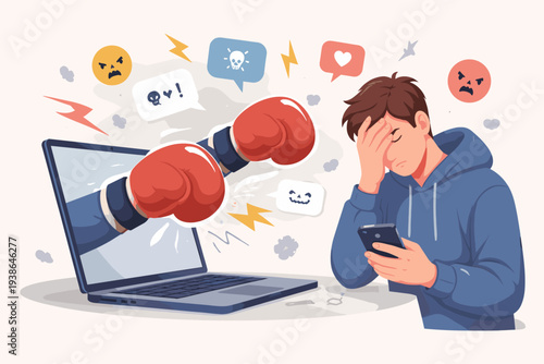 Cyberbullying and Online Harassment Concept Vector Illustration of a Distressed Young Man Attacked by Boxing Gloves Emerging from a Laptop Screen with Negative Social Media Icons and Hate Speech