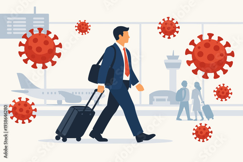 Businessman walking through airport with luggage surrounded by coronavirus cells, depicting the impact of COVID-19 pandemic on international travel, business trips, and global tourism.