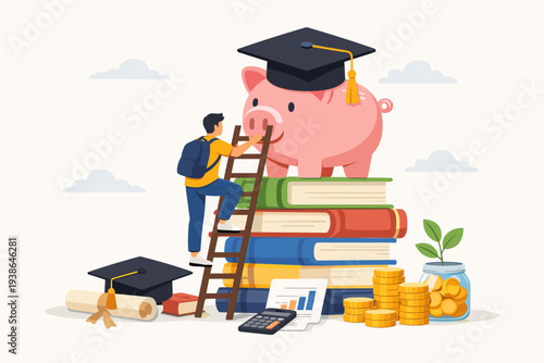 Student Climbing Ladder to Reach Piggy Bank with Graduation Cap on Stack of Books, Concept of Education Fund, Saving for College Tuition, Academic Investment, and Financial Planning for Degree