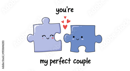 You're My Perfect Couple" - Adorable Puzzle Pieces Illustration with Hearts and Text