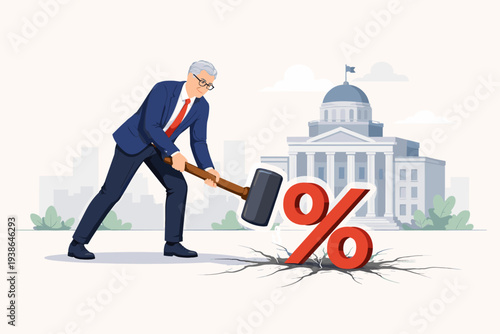 Businessman or Central Bank Official Smashing a Large Red Percent Symbol with a Sledgehammer to Lower Interest Rates, Representing Monetary Policy, Economic Stimulus, and Financial Regulation.