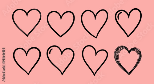 Collection of eight hand-drawn heart icons in various styles, set against a soft pink background, representing love and affection