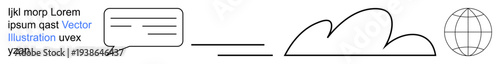 Communication, cloud storage, global networking, internet services, data sharing, technology concepts. Speech bubble, cloud globe outline. Communication and cloud storage visualization
