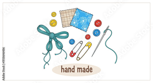 Handmade crafts and sewing supplies, including buttons, needles, thread, safety pins, and fabric squares
